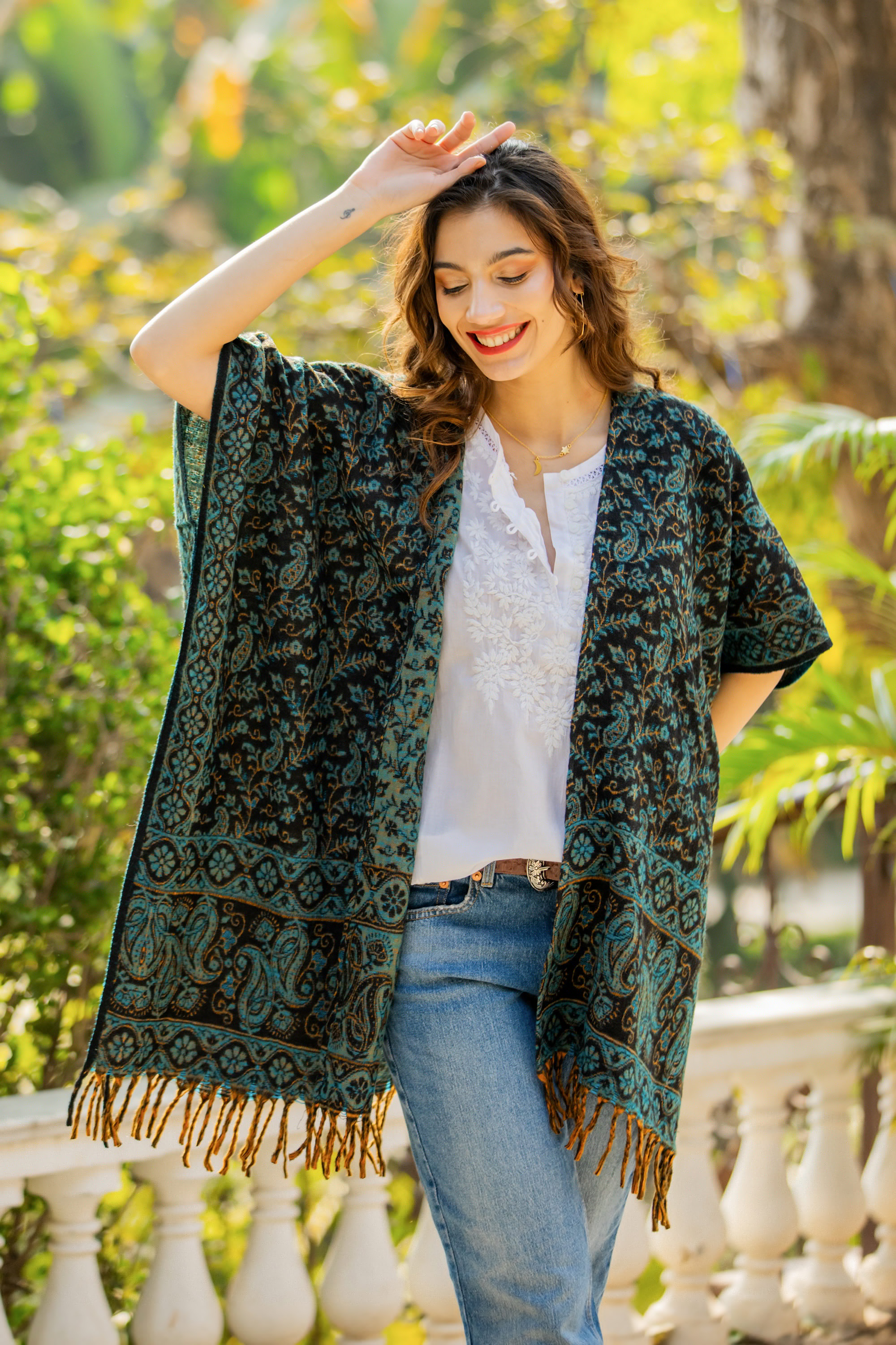 Paisley Floral Leaf-Themed Open Front Fringed Ruana