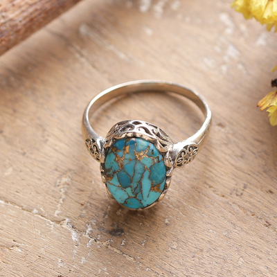 Polished Floral Oval Composite Turquoise Cocktail Ring