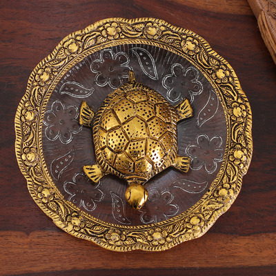 Antique Golden Turtle-Themed Aluminum and Glass Centerpiece