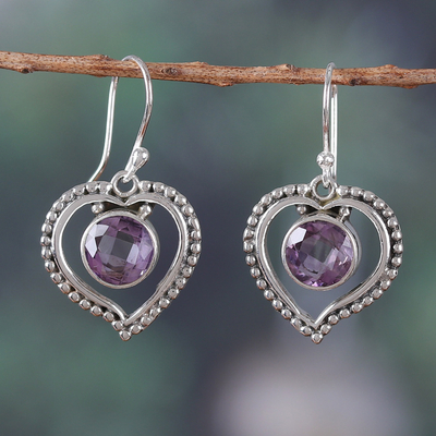Heart-Shaped Faceted 4-Carat Round Amethyst Dangle Earrings