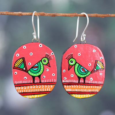 Bird-Themed Green and Pink Ceramic Dangle Earrings