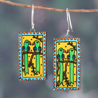 Rectangular Bird Green and Yellow Ceramic Dangle Earrings