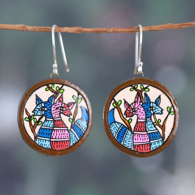 Round Deer-Themed Blue and Pink Ceramic Dangle Earrings