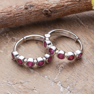 Classic One-Carat Ruby and Sterling Silver Hoop Earrings