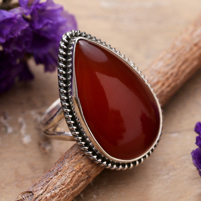 Polished Natural Carnelian Cabochon Cocktail Ring from India