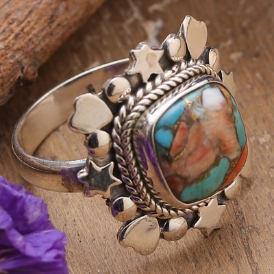 Star and Heart-Themed Reconstituted Turquoise Cocktail Ring