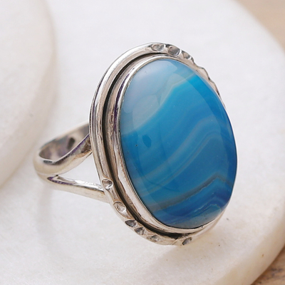 Polished Classic Blue Agate Cabochon Cocktail Ring