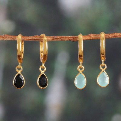 Set of 2 18k Gold-Plated Chalcedony and Onyx Dangle Earrings