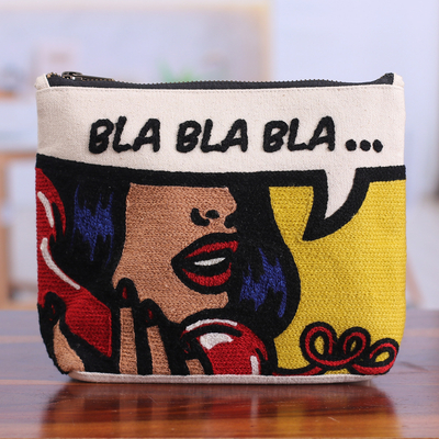 Bold Embroidered Yellow Cotton Cosmetic Bag with Zipper