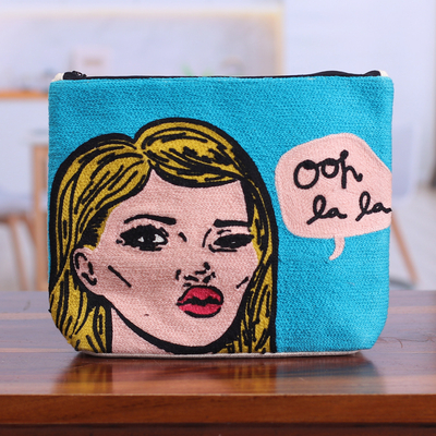 Bold Embroidered Sky Blue Cotton Cosmetic Bag with Zipper