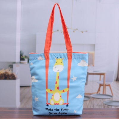 Printed Inspirational Giraffe-Themed Blue Cotton Tote Bag