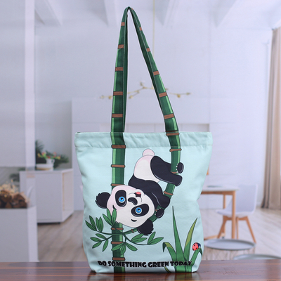 Printed Inspirational Panda-Themed Green Cotton Tote Bag