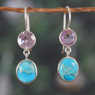 Two-Carat Amethyst and Recon Turquoise Dangle Earrings