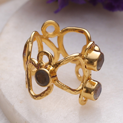Abstract 18k Gold-Plated Natural Labradorite Cocktail Ring