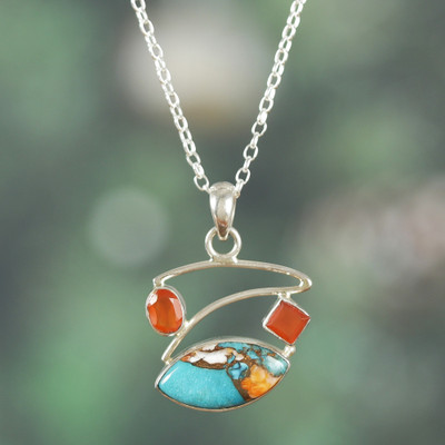 Polished Carnelian and Recon Turquoise Pendant Necklace