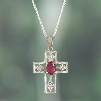 Ruby and Cubic Zirconia Cross Pendant Necklace from India