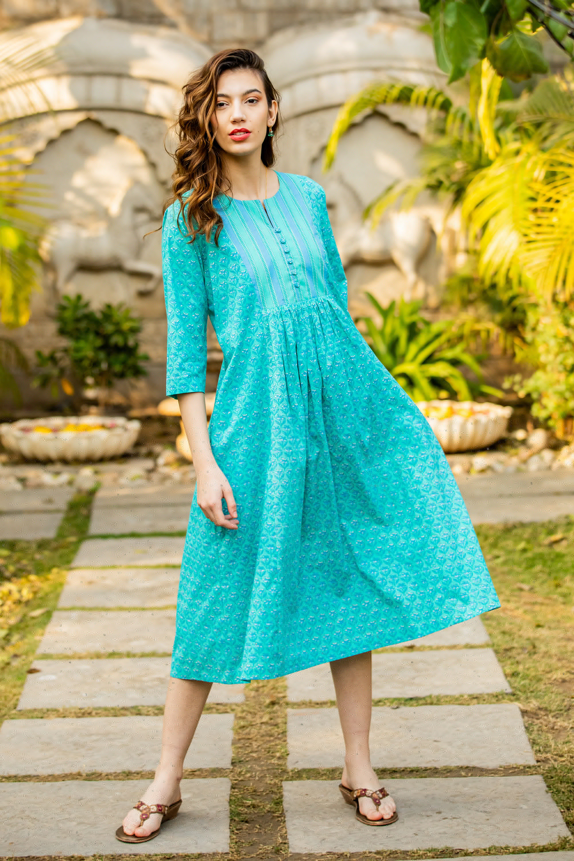 Floral and Striped Cyan and Emerald Cotton A-Line Dress