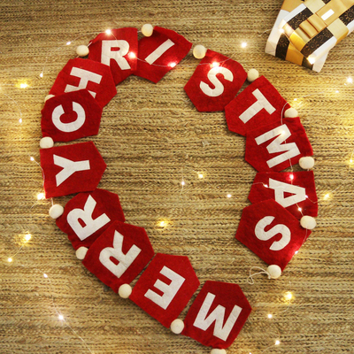 Hand-Stitched Merry Christmas Red Wool Felt Garland Bunting