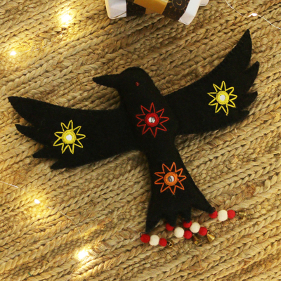 Handmade Raven-Themed Black Wool Felt Wall Accent with Bells