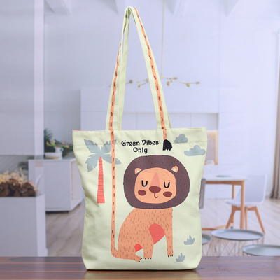 Printed Inspirational Lion-Themed Green Cotton Tote Bag
