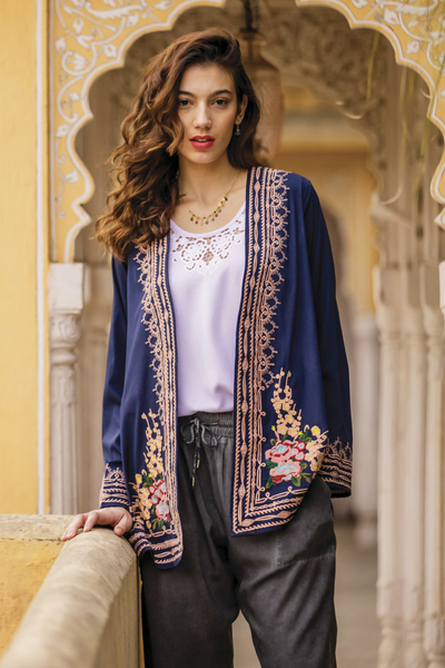 Embroidered Floral Sapphire Jacket with Open Front