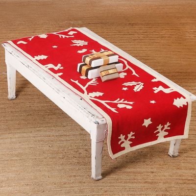Handmade Applique Wool Felt Christmas Table Runner in Red