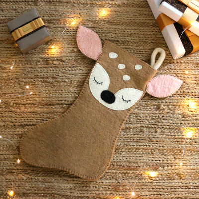 Hand-Stitched Applique Wool Felt Reindeer Christmas Stocking