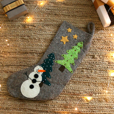 Grey Applique Wool Felt Beaded Snowman Christmas Stocking