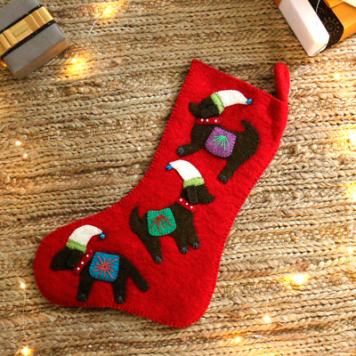 Handmade Applique Wool Felt Beaded Dog Christmas Stocking