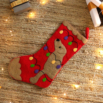 Hand-Stitched Applique Wool Felt Dog Christmas Stocking