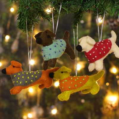 Set of 4 Handcrafted Dog-Shaped Wool Felt Ornaments