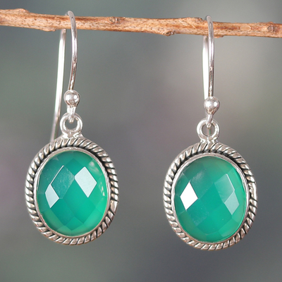 Ten-Carat Checkerboard Green Onyx Dangle Earrings from India