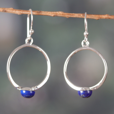 Minimalist Round Dangle Earrings with Lapis Lazuli Cabochons
