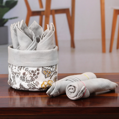 Set of 6 Grey Cotton Napkins with Floral White Basket