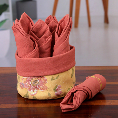 Set of 6 Red Cotton Napkins with Floral Yellow Basket