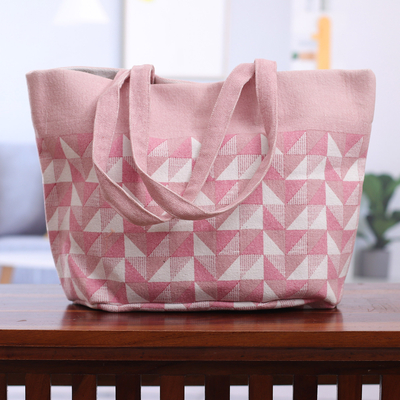 Pink & White Screen-Printed Geometric Themed Cotton Tote Bag