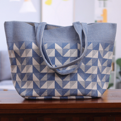 Blue & White Screen-Printed Geometric Themed Cotton Tote Bag