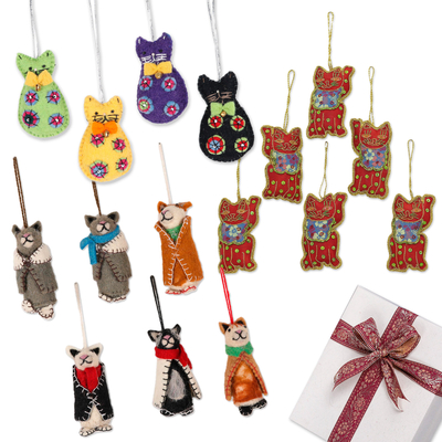 Curated Gift Set with 16 Hand-Embroidered Cat Ornaments