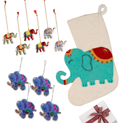 10 Elephant Ornaments & Christmas Stocking Curated Gift Set