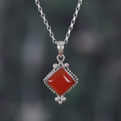 Polished Sterling Silver Natural Carnelian Pendant Necklace