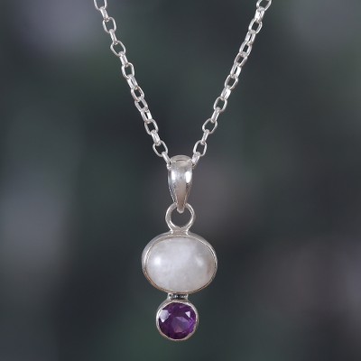 Natural Rainbow Moonstone and Amethyst Pendant Necklace