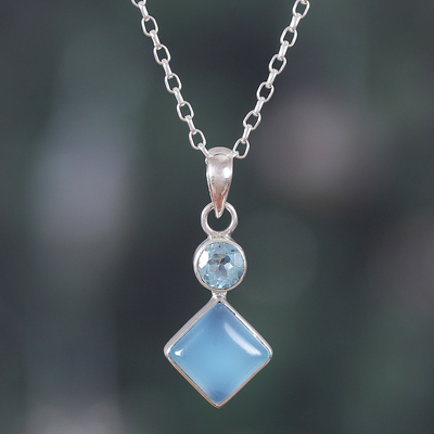 Blue-Toned Chalcedony and Blue Topaz Pendant Necklace