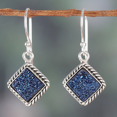 Diamond-Shaped Blue Drusy Quartz Dangle Earrings