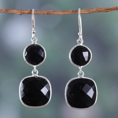 Polished 40-Carat Faceted Onyx Dangle Earrings from India