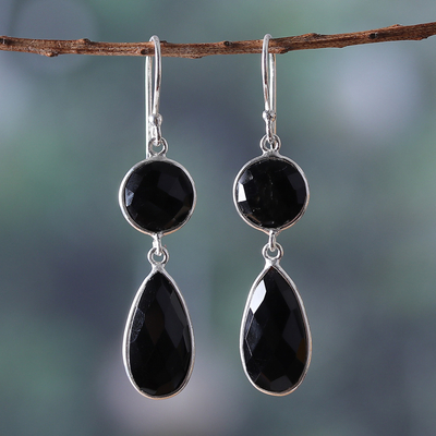 Polished 13-Carat Faceted Onyx Dangle Earrings from India