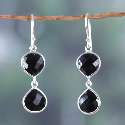 Polished 14-Carat Faceted Onyx Dangle Earrings from India