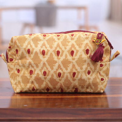 Handmade Patterned Burgundy and Yellow Cotton Cosmetic Bag