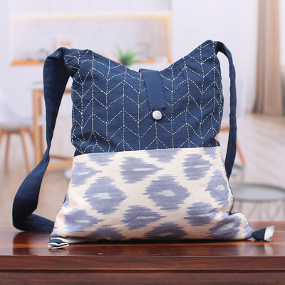 Ikat-Patterned Blue Cotton Shoulder Bag with Button Closure