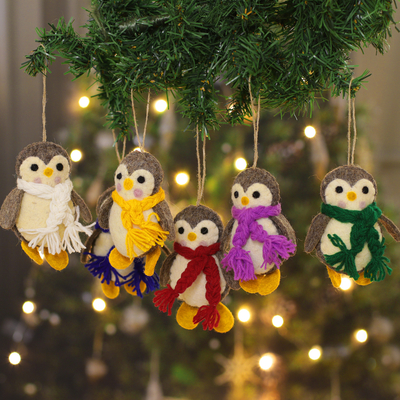 Set of 6 Handcrafted Christmas Wool Felt Penguin Ornaments