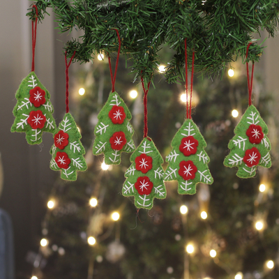 Handcrafted Christmas Tree Wool Felt Ornaments (Set of 6)